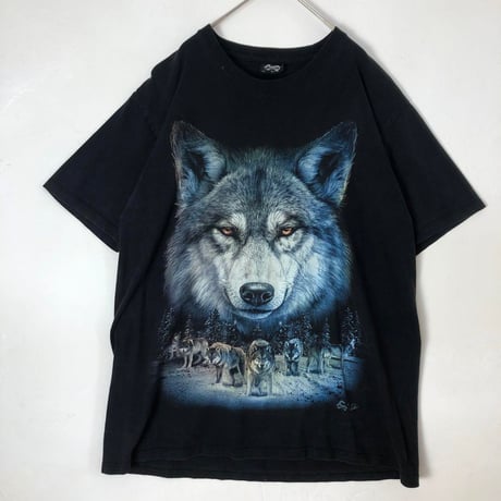 オオカミ　アニマル　ビッグプリント　半袖　Tシャツ　L　黒