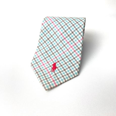 POLO by Ralph Lauren ポロ ラルフローレン　イタリア製　ネクタイ　ロゴ刺繍　チェック　水色　ピンク