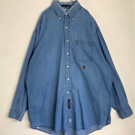 トミー　ヒルフィガー　刺繍ロゴ　ボタンダウン デニム　長袖　シャツ　シャンブレー