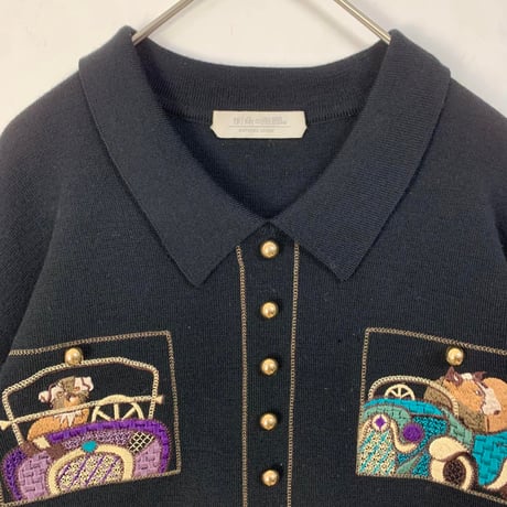 古着　ヴィンテージ　ニット　刺繍　ロゴ　アニマル　ウール　セーター　黒