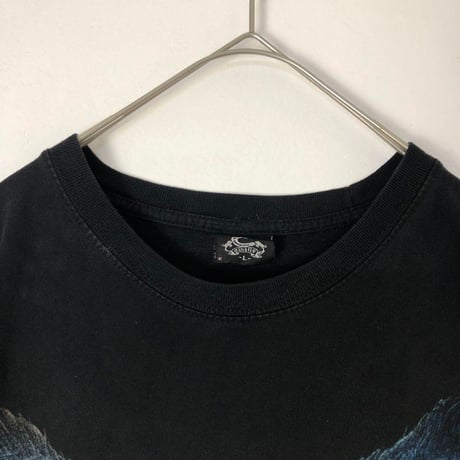 オオカミ　アニマル　ビッグプリント　半袖　Tシャツ　L　黒