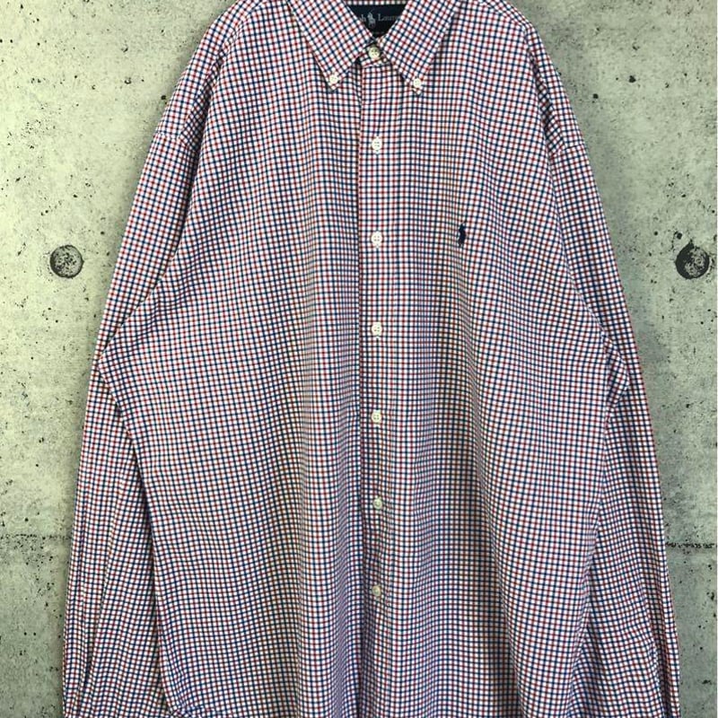 00s ラルフローレン チェック 刺繍ロゴ コットン 長袖 BDシャツ XL 