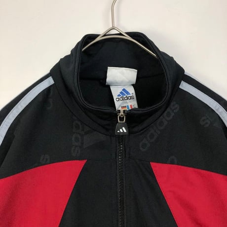90's adidas アディダス　ロゴ　袖ライン　切替　トラック　ジャケット　ジャージ　黒　赤
