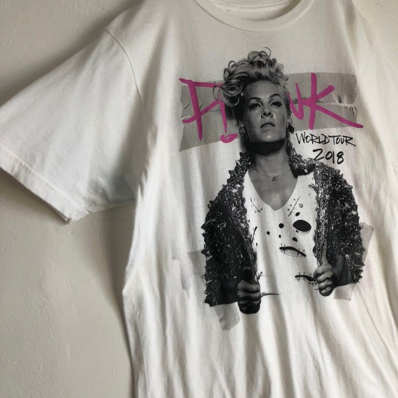 P!NK ピンク ビッグプリント Tシャツ ツアーT ミュージック ホワイト
