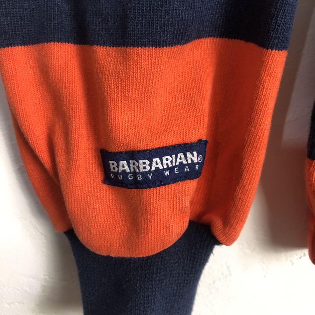バーバリアン ボーダー ロゴ 刺繍 長袖 ラガーシャツ オレンジ 紺