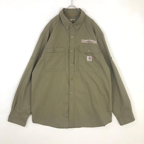 カーハート　企業　刺繍　ロゴ　タグ　BD シャツ　長袖　無地　カーキ