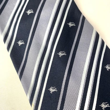Burberry　バーバリー　ストライプ　シルク　ネクタイ　ロゴ　ネイビー