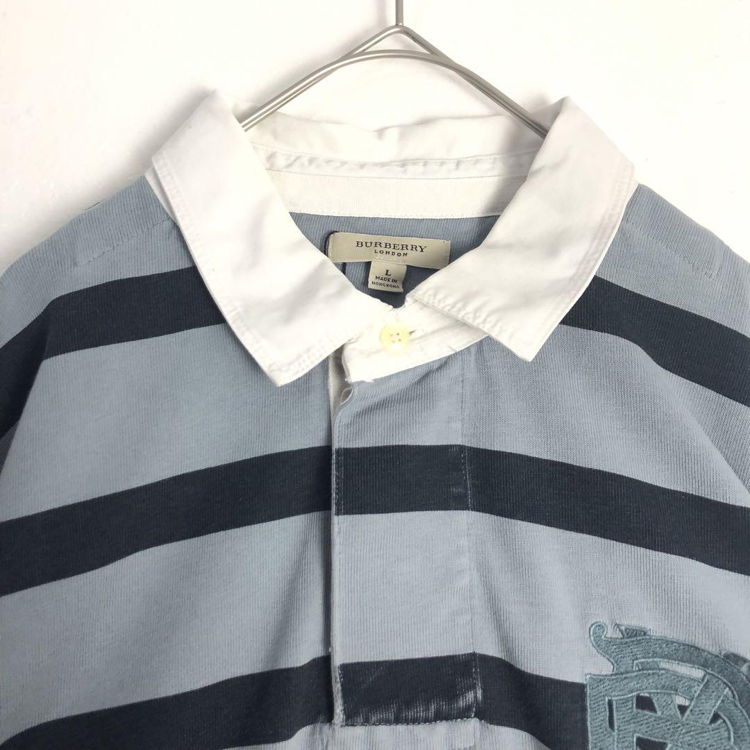 Burberry バーバリー 長袖 ラガーシャツ ビッグロゴ ボーダー グレー