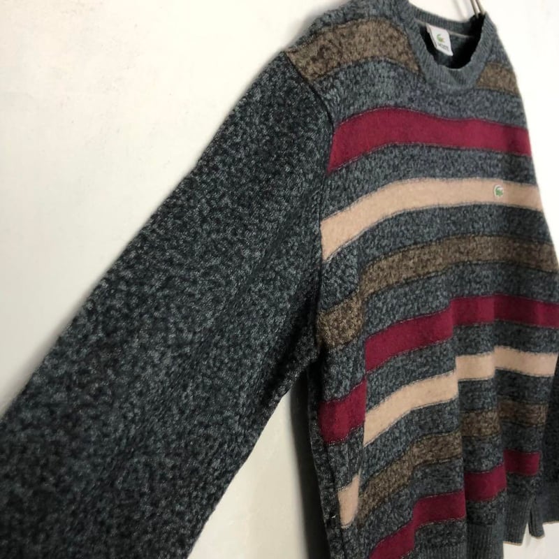 ラコステ セーター ニット ボーダー 刺繍 ロゴ ワニ グレー | PEACE TOWN