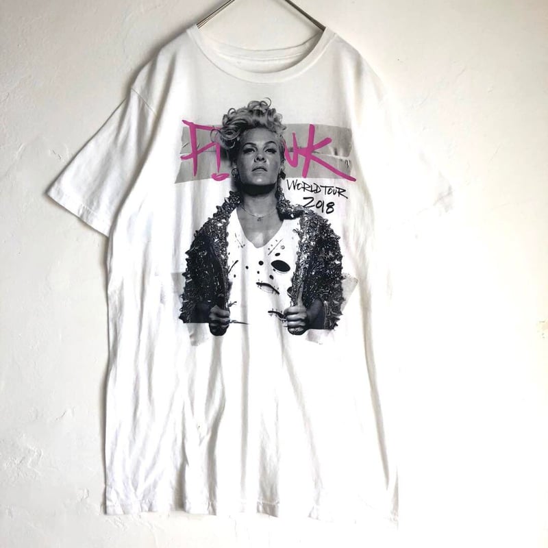 P!NK ピンク ビッグプリント Tシャツ ツアーT ミュージック ホワイト