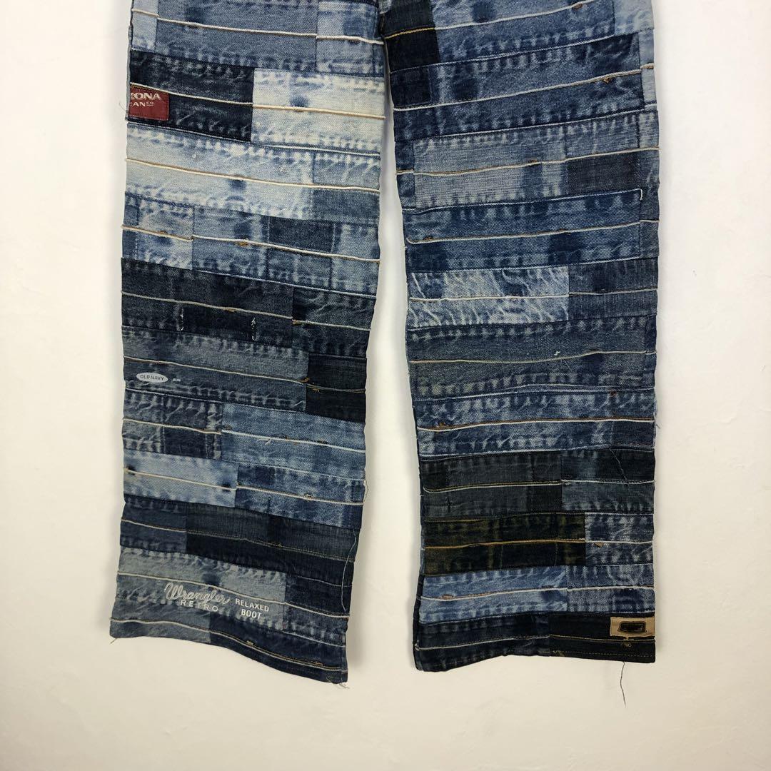 デニムリメイク　ハートのキーロック付きキューブバック⭐︎デニムダブルパッチワーク カーハート リメイク デニム パンツ Gパン 再構築 パッチワーク