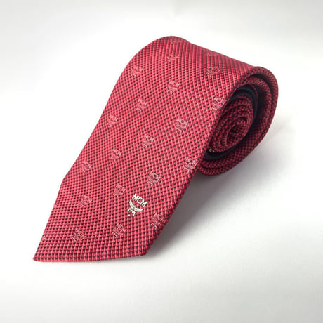 MCM イタリア製　ロゴ　刺繍　総柄　シルク　ネクタイ　赤
