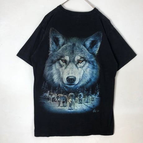 オオカミ　アニマル　ビッグプリント　半袖　Tシャツ　L　黒