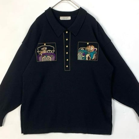 古着　ヴィンテージ　ニット　刺繍　ロゴ　アニマル　ウール　セーター　黒
