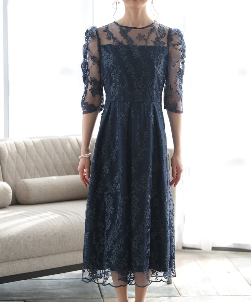 PREFERIR ネイビードレス チュール刺繍レース PREFERIR ネイビードレス チュール刺繍レース PREFERIR】刺繍