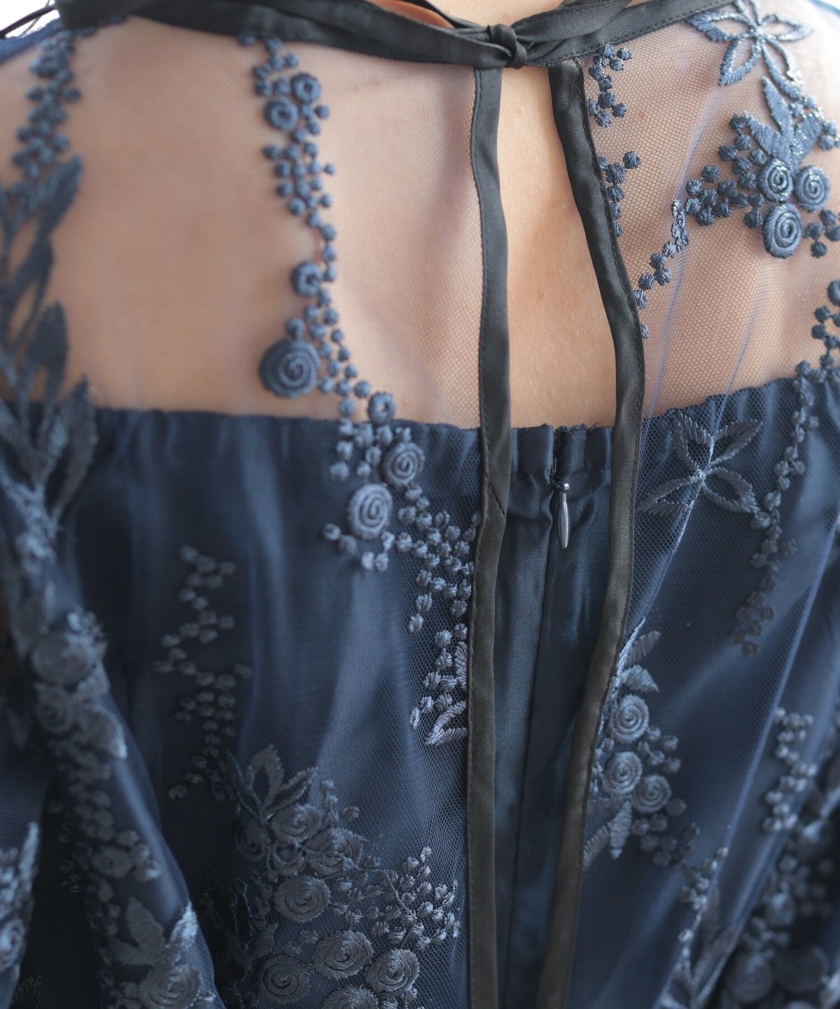 PREFERIR ネイビードレス チュール刺繍レース PREFERIR】刺繍 レース バックリボン 結婚式 パーティ ドレス