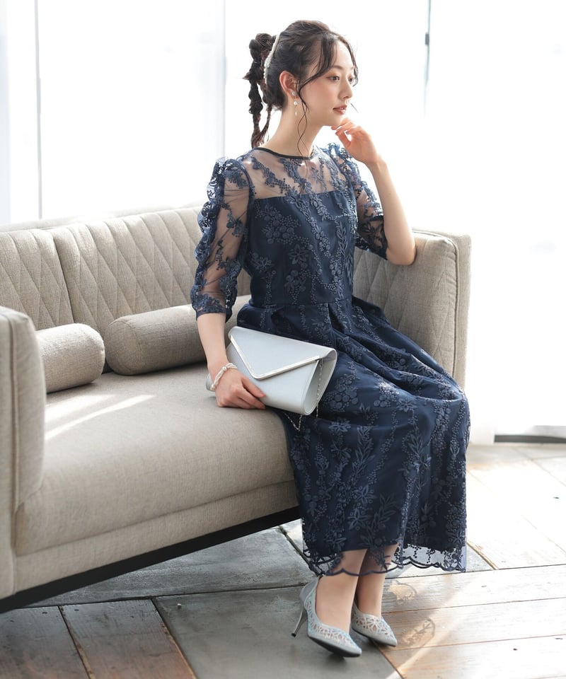 PREFERIR Lサイズ　刺繍レース　ネイビー　ミディ丈　ドレス PREFERIR】刺繍 レース バックリボン 結婚式 パーティ ドレス