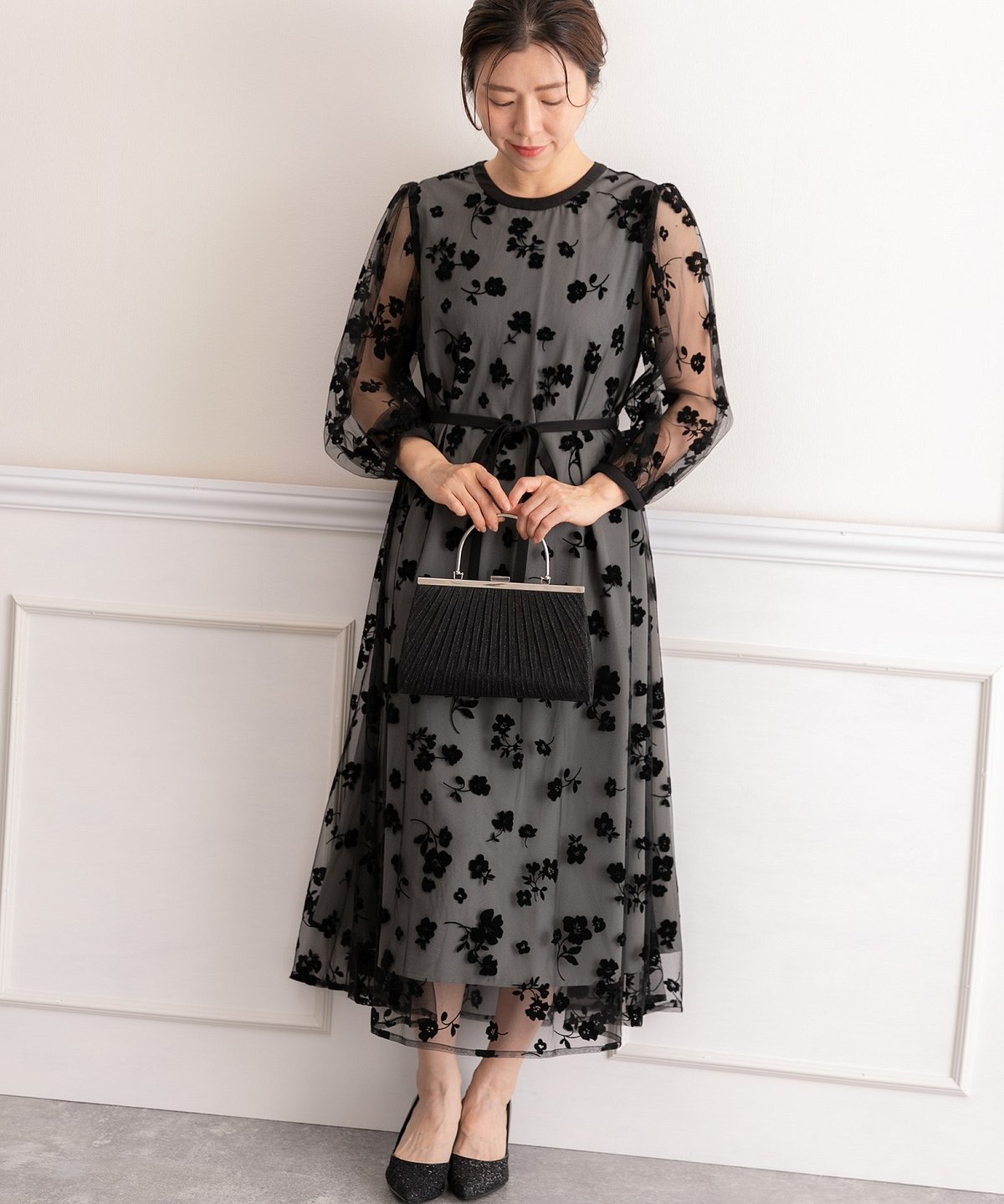 パーティードレス　グリーン　レース レースミモレドレス(グリーン)CR1-335GR-M | OTONA DRESS