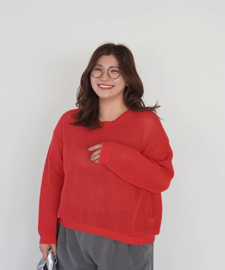 mesh knit pullover | レッド