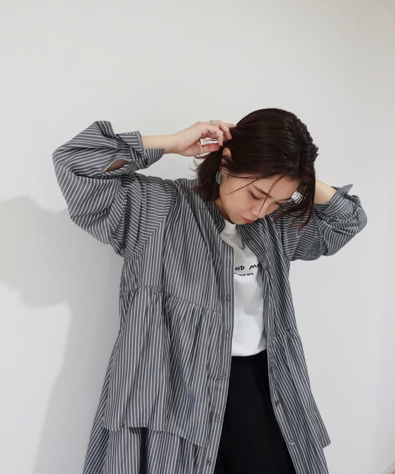 MI AND MOU シャツワンピース ブラックストライプ asymmetry shirt one-piece | ブラック | MI AND MOU