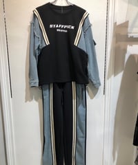 スウェット切り替え素材上下セットアップトップス＆ロングパンツ〈全2色〉　25-0-185