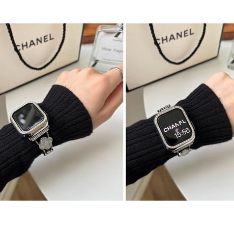 「038」キラキラ apple watch バンド チェーン 四葉のクローバー アップル ウォッチ バンド 人気 女性 保護カバー付き