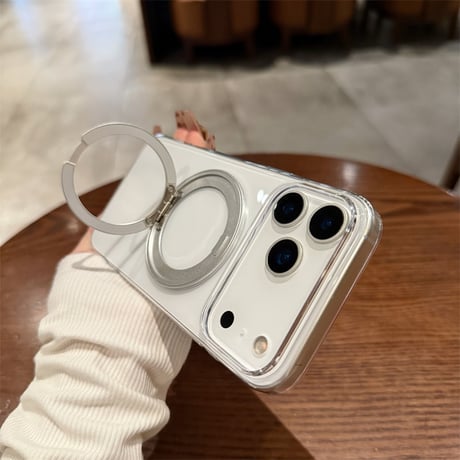 「475」クリア magsafeケース iphone17/17proケース シンプル 360度スタンド付き