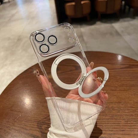 「476」クリア iphone17/16 ケース 360度回転スタンド magsafeケース カメラフィルム付き