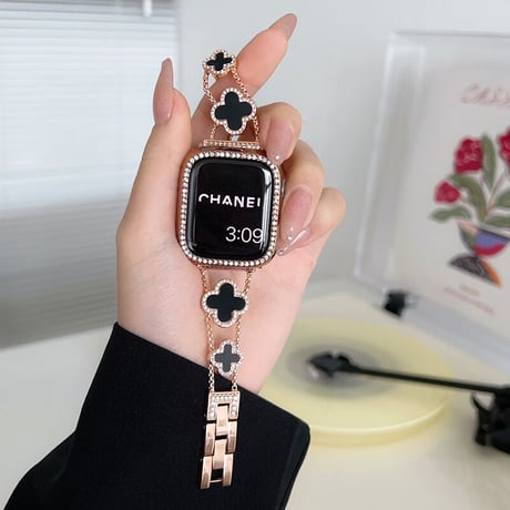 「038」キラキラ apple watch バンド チェーン 四葉のクローバー アップル ウォッチ バンド 人気 女性 保護カバー付き