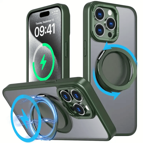 「296」magsafe対応ケース マット iphone16/16pro ケース スタンド付き 360°回転