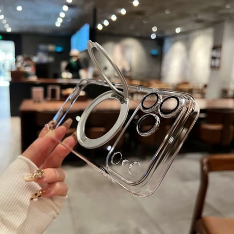 「476」クリア iphone17/16 ケース 360度回転スタンド magsafeケース カメラフィルム付き