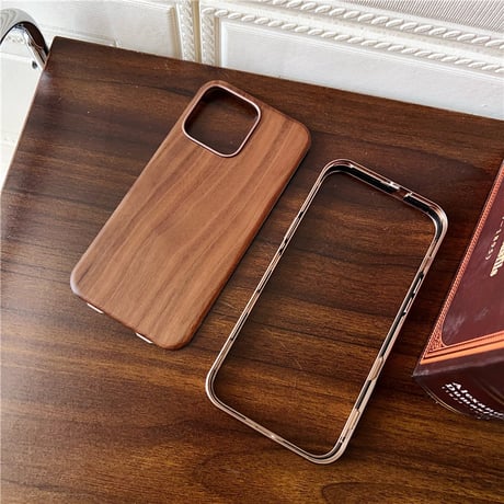「444」スマホケース 木製 iphone17/16/15 ケース クルミ メタリックフレーム