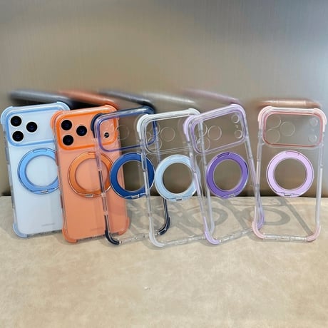「504」Easoncase iphone18pro/17pro/16pro クリアケース 耐衝撃 360度回転スタンド magsafeケース