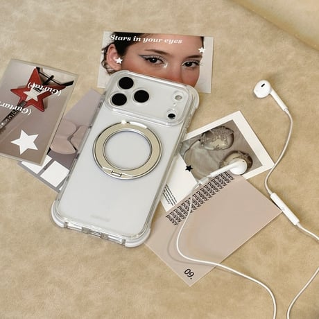 「504」Easoncase iphone18pro/17pro/16pro クリアケース 耐衝撃 360度回転スタンド magsafeケース