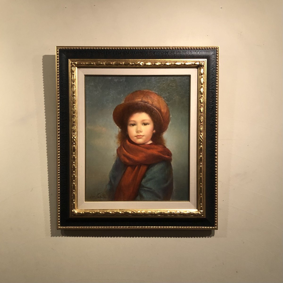 【最終価格】 洋画家　進　徹先生　４号油絵　　ストールの少女 進 徹 | 油画「赤いマフラー」 | 丘のギャラリーComfy
