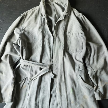 Vintage Black Chambray Tielocken Coat (about 40-50s France)