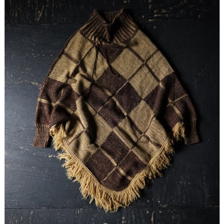 Cotton Knit Fringe Poncho (90s Free size)