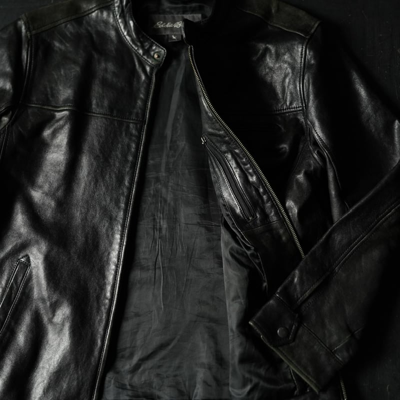 Eddie Bauer　レザージャケット　シングル　黒　L 豚革 Eddie Bauer レザージャケット シングル 黒 L 豚革 Eddie Bauer レザー