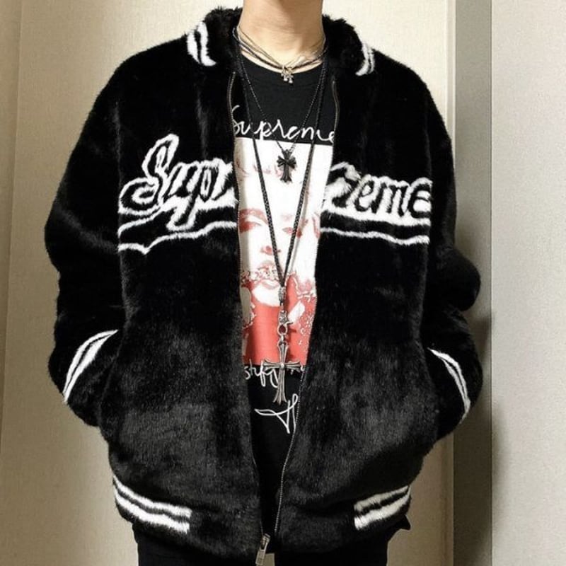 黒L Supreme Faux Fur Varsity Jacket