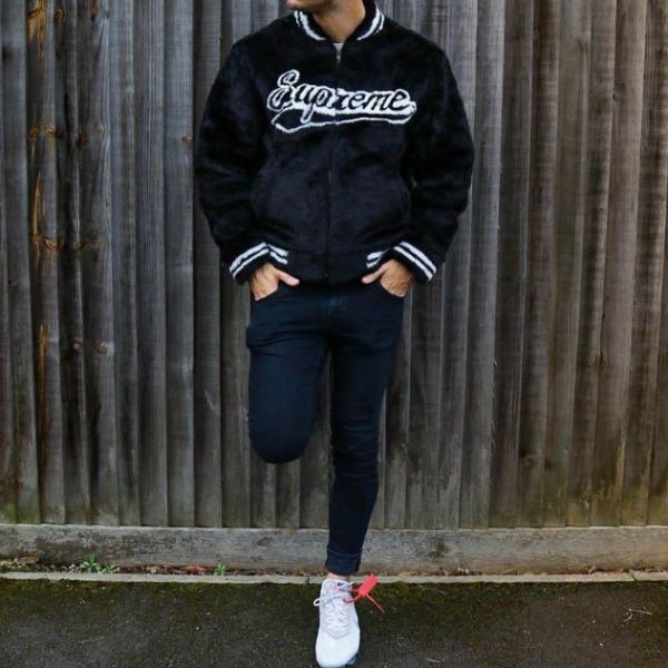 黒L Supreme Faux Fur Varsity Jacket