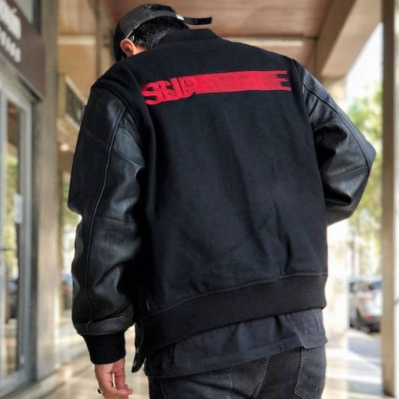 supreme motion logo varsity jacket
