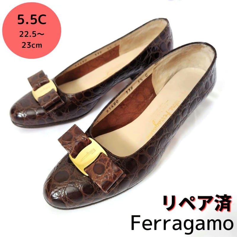 良品❤フェラガモ【Ferragamo】ヴァラ クロコ型押し パンプス 濃茶5ハーフCヒール