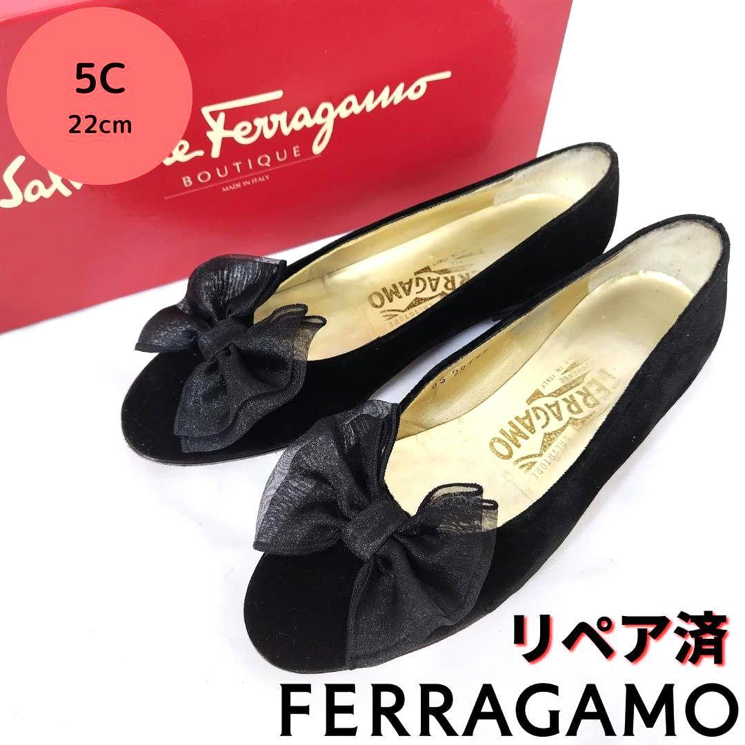 美品❤箱付き☆フェラガモ【Ferragamo】ベロア リボンローヒール パンプス 美品❤箱付き☆フェラガモ【Ferragamo】ベロア リボンローヒール