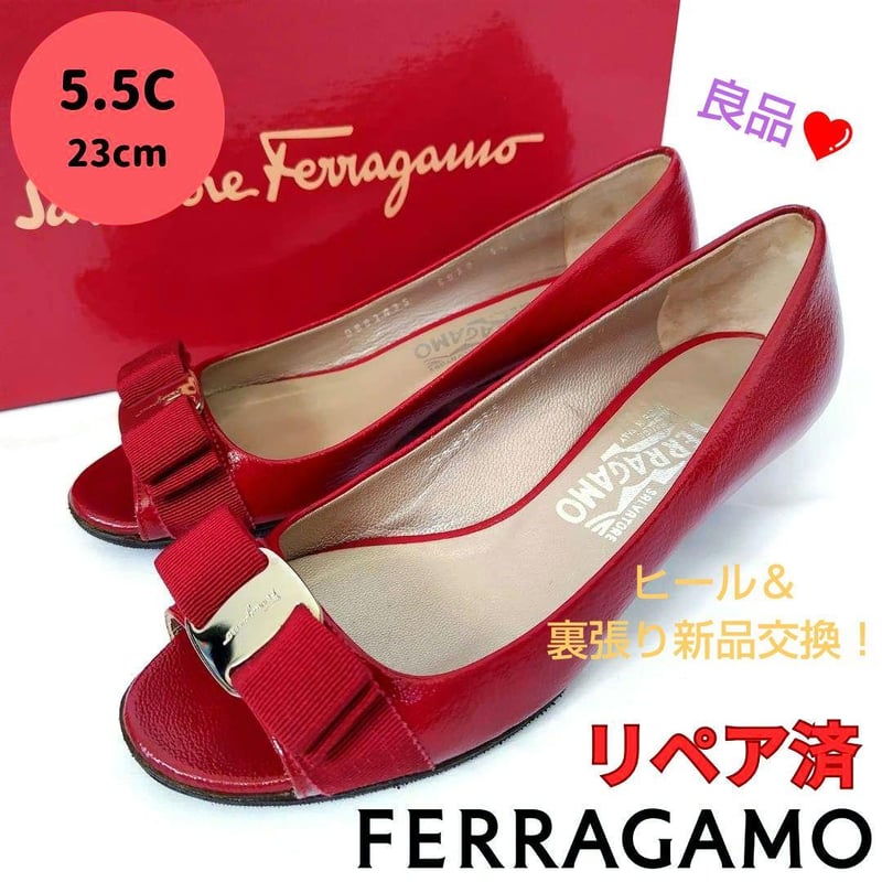 良品❤フェラガモ【Ferragamo】ヴァラ ローヒール パンプス 赤  