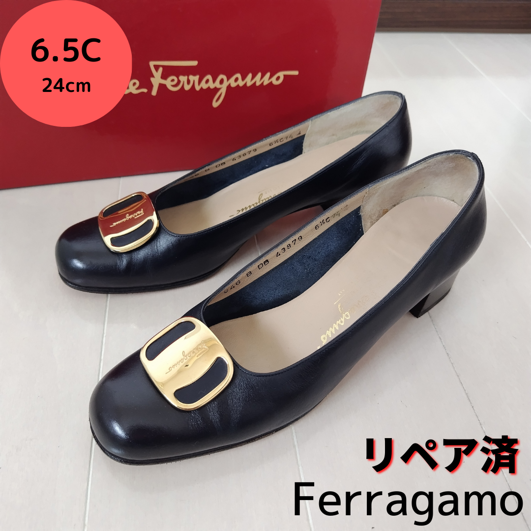 良品❤フェラガモ【Ferragamo】ヴァラプレート パンプス 紺 24 