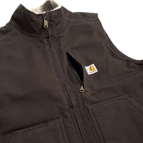 Carhartt USA Loose Fit Washed Duck Sherpa-Lined Mock-Neck Vest Dark Brown