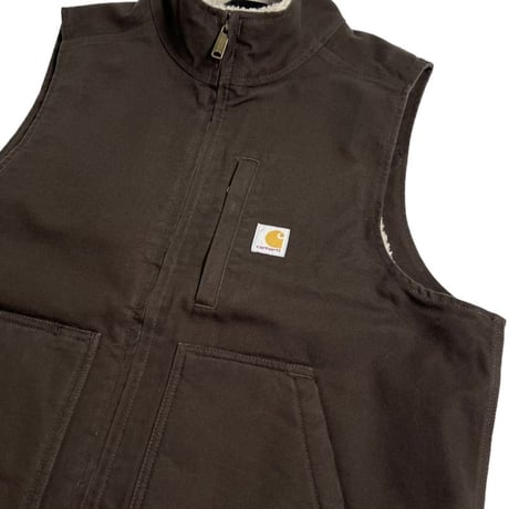 Carhartt USA Loose Fit Washed Duck Sherpa-Lined Mock-Neck Vest Dark Brown