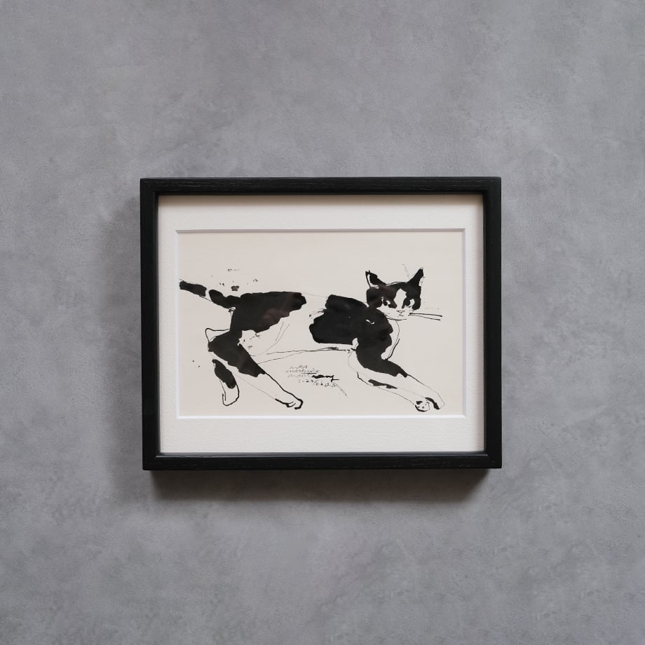 保護猫ドローイング作品「Cat drawing 2023.Fab.23(黒白 横ポーズ)」【T
