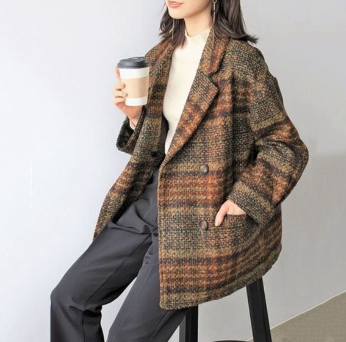即納】【SALE】tweed plaid middle coat /2color LA229