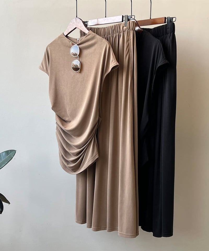 即納】【SALE】t-shirt & gathered skirt set up /2col